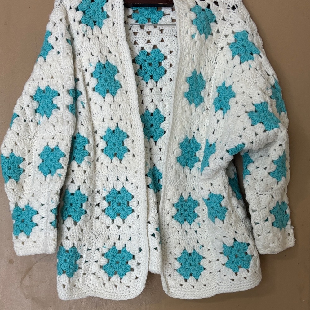 Elegant White and Blue Crochet Cardigan